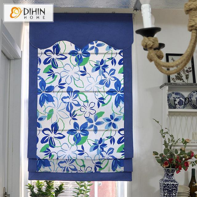 DIHINHOME Home Textile Roman Blind DIHIN HOME Blue Flowers Printed Roman Shades ,Easy Install Washable Curtains ,Customized Window Curtain Drape, 24"W X 64"H