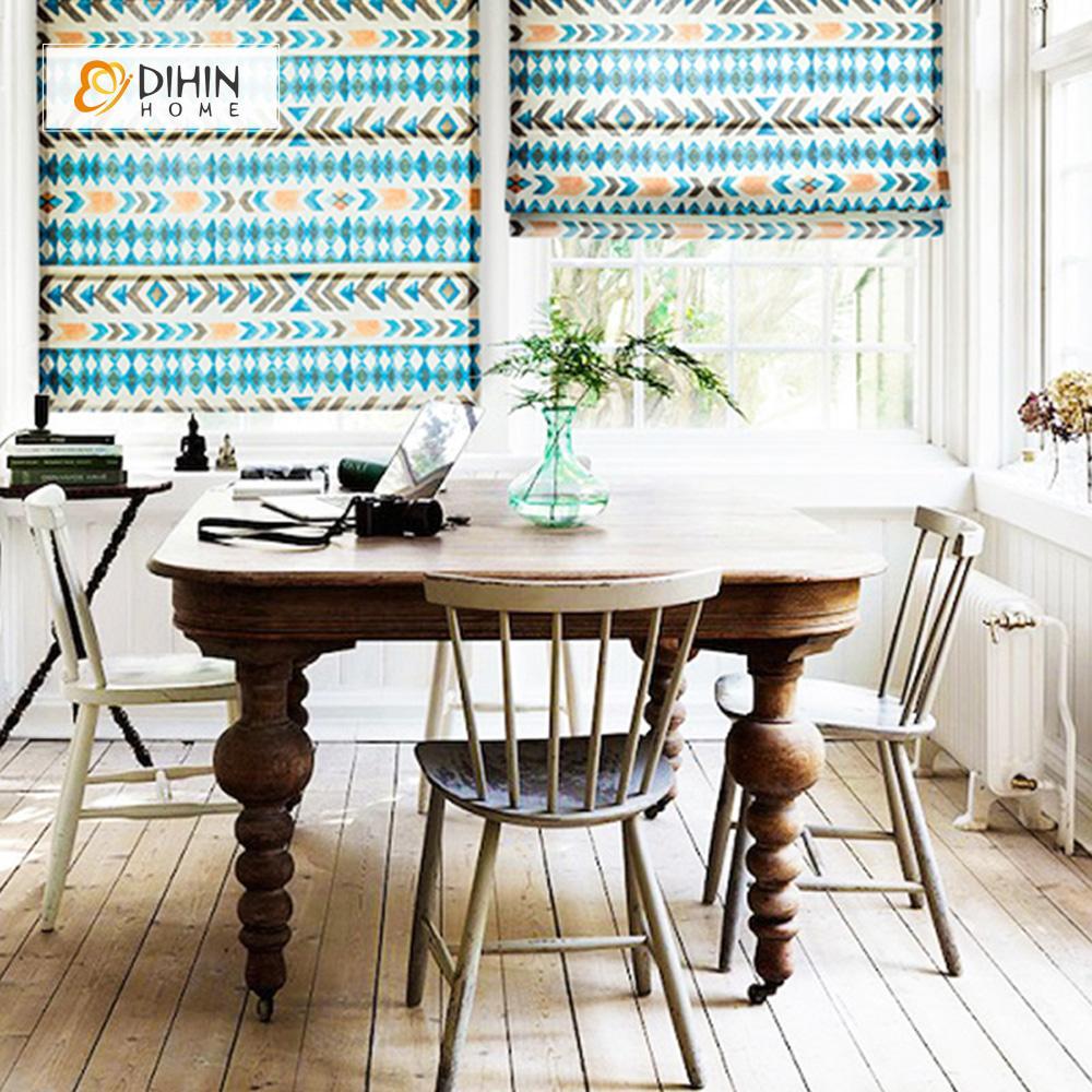 DIHINHOME Home Textile Roman Blind DIHIN HOME Blue Pattern Printed Roman Shades ,Easy Install Washable Curtains ,Customized Window Curtain Drape, 24"W X 64"H