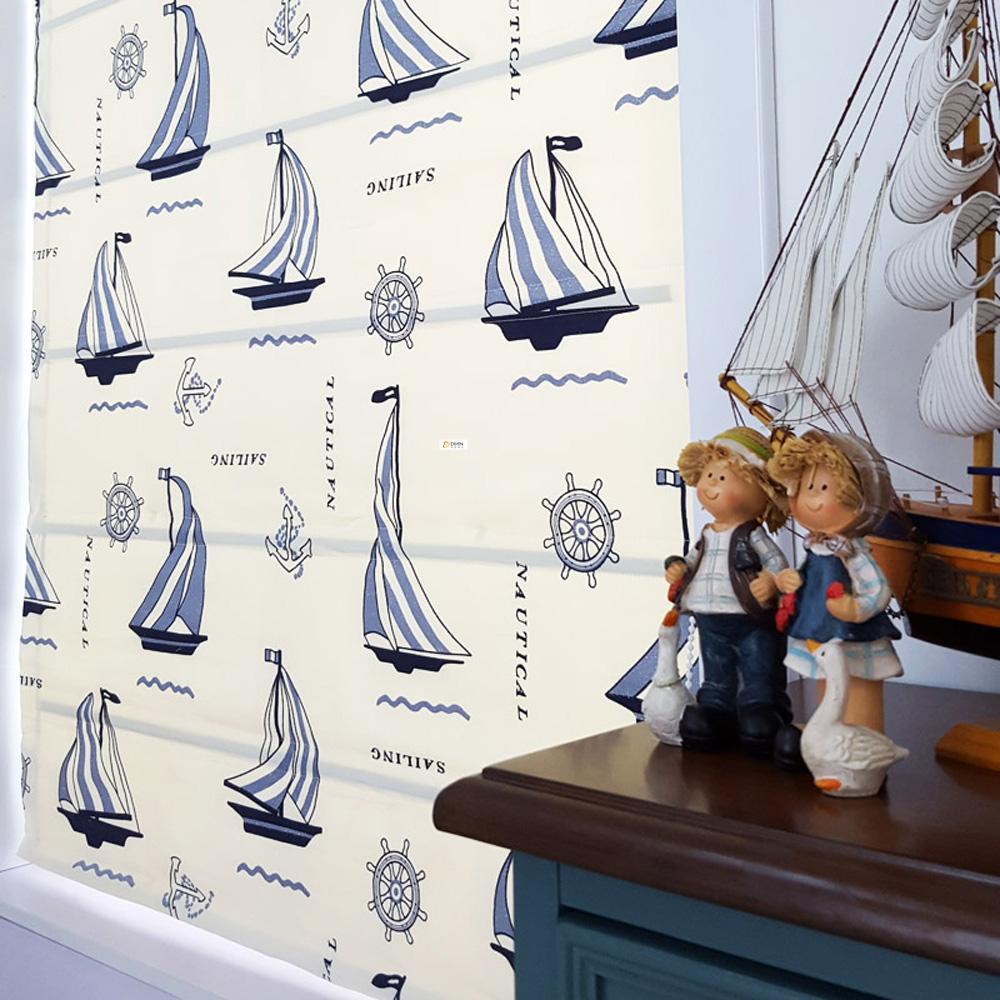 DIHINHOME Home Textile Roman Blind DIHIN HOME Blue Sailboat Printed Roman Shades ,Easy Install Washable Curtains ,Customized Window Curtain Drape, 24"W X 64"H