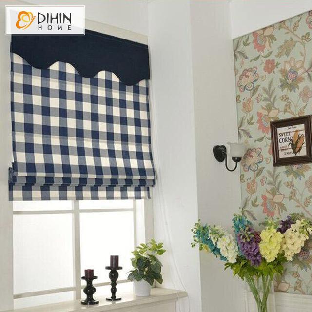 DIHINHOME Home Textile Roman Blind DIHIN HOME Blue Square Printed Roman Shades ,Easy Install Washable Curtains ,Customized Window Curtain Drape, 24"W X 64"H