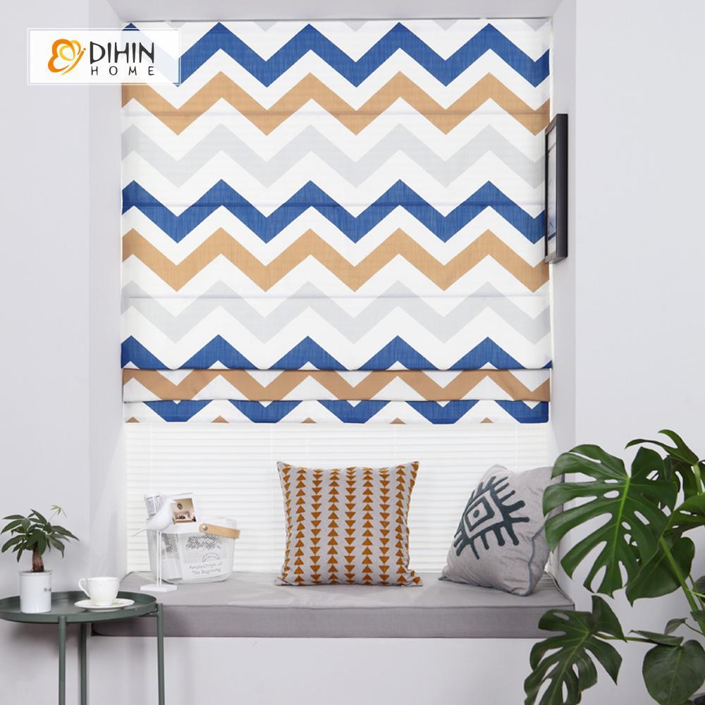 DIHINHOME Home Textile Roman Blind DIHIN HOME Blue Stripes Printed Roman Shades ,Easy Install Washable Curtains ,Customized Window Curtain Drape, 24"W X 64"H