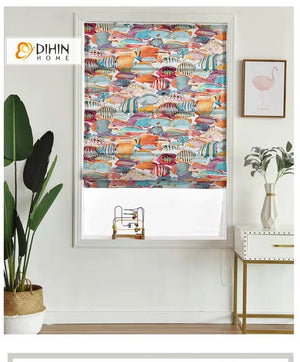 DIHINHOME Home Textile Roman Blind DIHIN HOME Cartoon Fish Printed Roman Shades ,Easy Install Washable Curtains ,Customized Window Curtain Drape, 24"W X 64"H