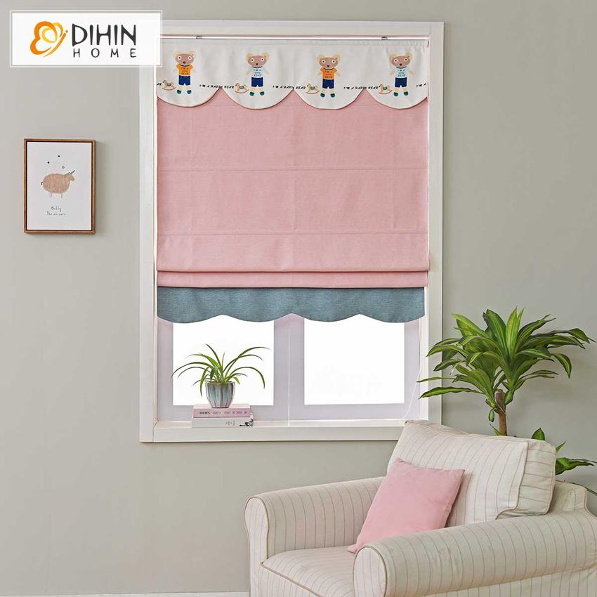 DIHINHOME Home Textile Roman Blind DIHIN HOME Cartoon Pink Bear Printed Roman Shades ,Easy Install Washable Curtains ,Customized Window Curtain Drape, 24"W X 64"H