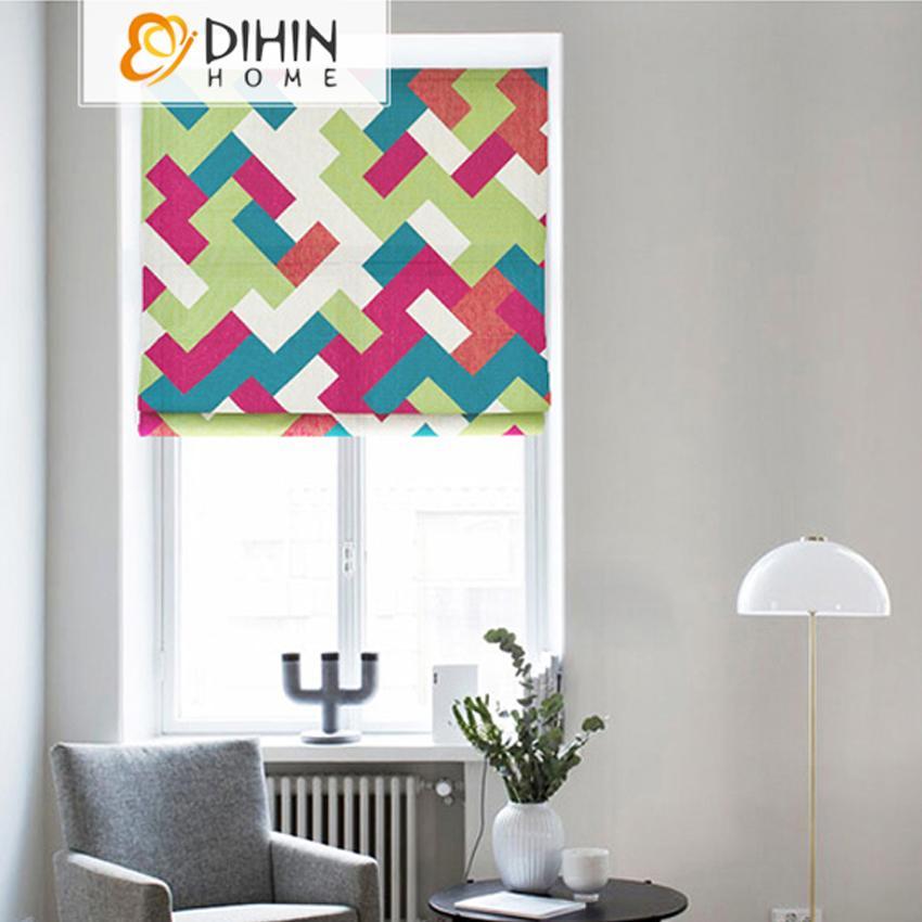 DIHINHOME Home Textile Roman Blind DIHIN HOME Colorful Geometric Printed Roman Shades ,Easy Install Washable Curtains ,Customized Window Curtain Drape, 24"W X 64"H