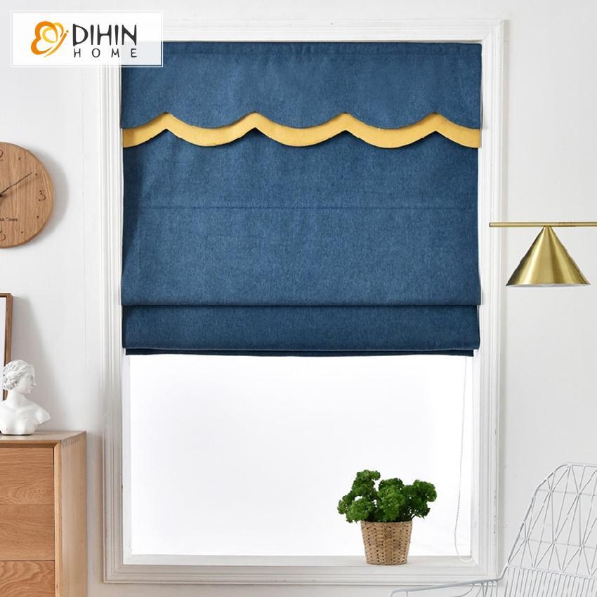 DIHINHOME Home Textile Roman Blind DIHIN HOME Dark Blue Printed Roman Shades Wavy Valance,Easy Install Washable Curtains ,Customized Window Curtain Drape, 24"W X 64"