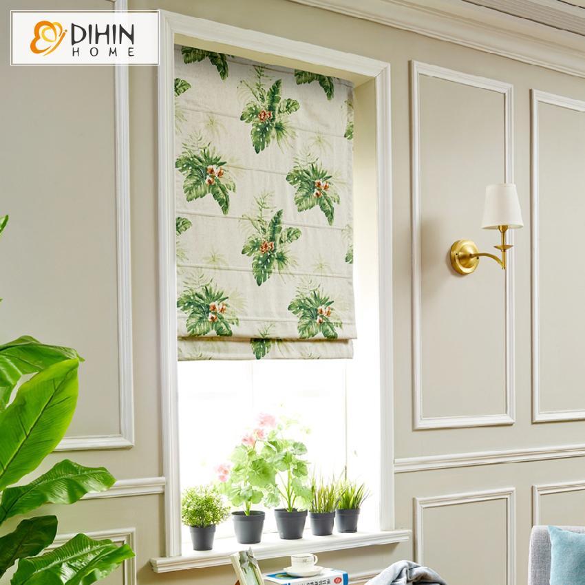 DIHINHOME Home Textile Roman Blind DIHIN HOME Flowers and Green Leaves Printed Roman Shades,Easy Install Washable Curtains ,Customized Window Curtain Drape, 24"W X 64"