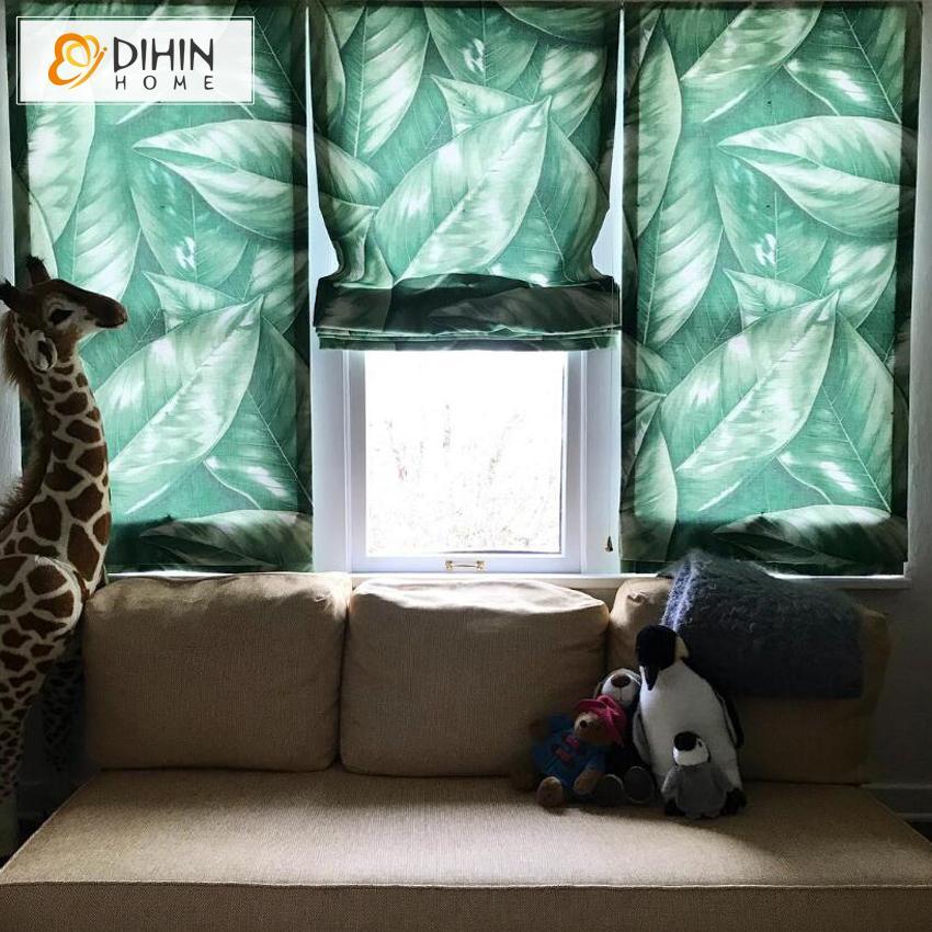 DIHINHOME Home Textile Roman Blind DIHIN HOME Green Leaves Printed Pastoral Roman Shades ,Easy Install Washable Curtains ,Customized Window Curtain Drape, 24"W X 64"H