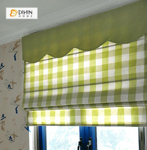 DIHINHOME Home Textile Roman Blind DIHIN HOME Green Plaid Printed Roman Shades ,Easy Install Washable Curtains ,Customized Window Curtain Drape, 24"W X 64"H