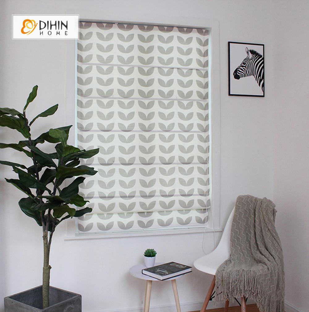 DIHINHOME Home Textile Roman Blind DIHIN HOME Grey Leaves Printed Roman Shades ,Easy Install Washable Curtains ,Customized Window Curtain Drape, 24"W X 64"H