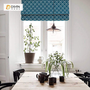 DIHINHOME Home Textile Roman Blind DIHIN HOME Intensive Blue Patterns Printed Roman Shades ,Easy Install Washable Curtains ,Customized Window Curtain Drape, 24"W X 64"H