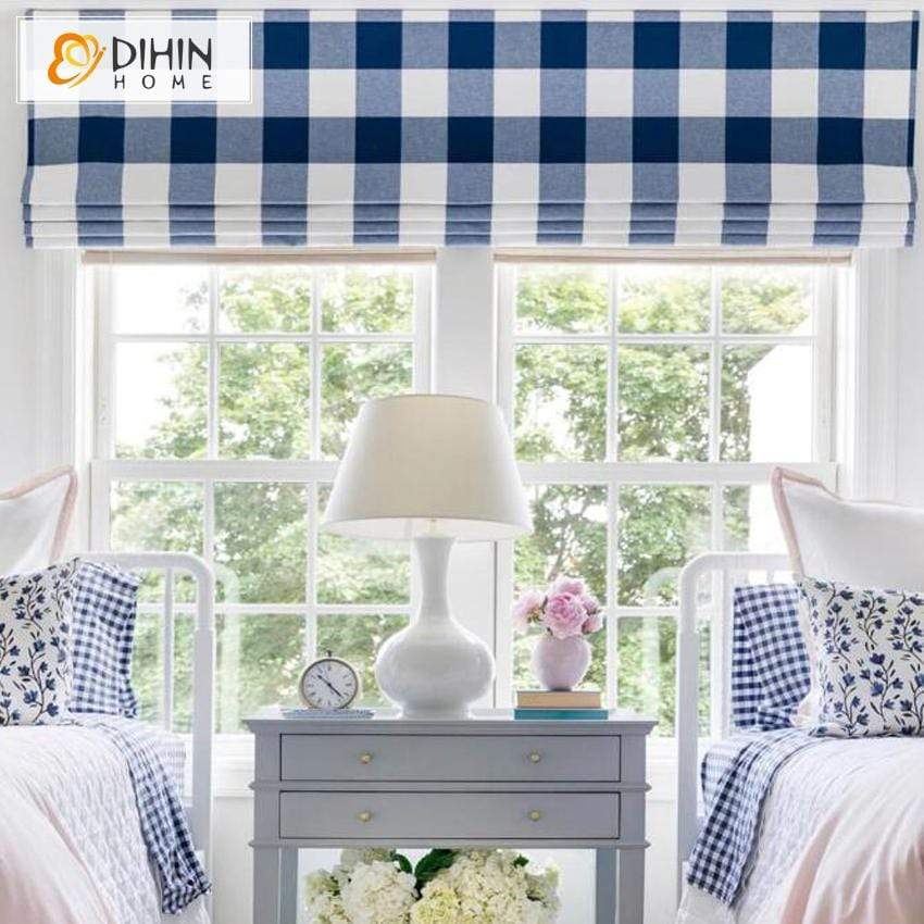 DIHINHOME Home Textile Roman Blind DIHIN HOME Modern Blue Square Printed Roman Shades ,Easy Install Washable Curtains ,Customized Window Curtain Drape, 24"W X 64"H