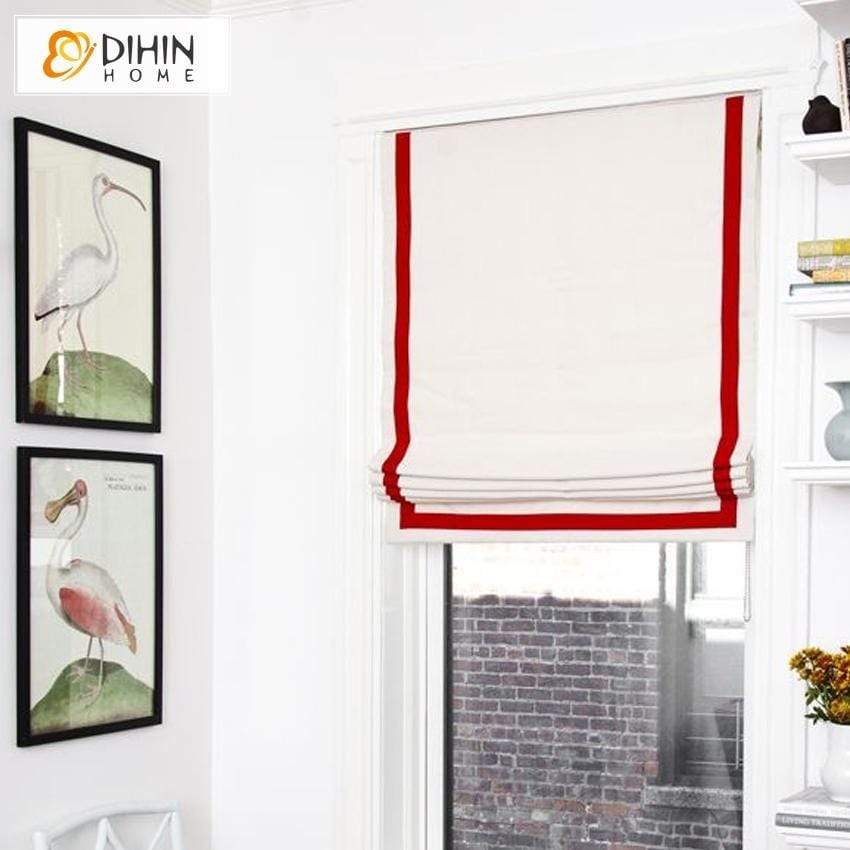 DIHINHOME Home Textile Roman Blind DIHIN HOME Red Stripes Edge Printed Roman Shades ,Easy Install Washable Curtains ,Customized Window Curtain Drape, 24"W X 64"