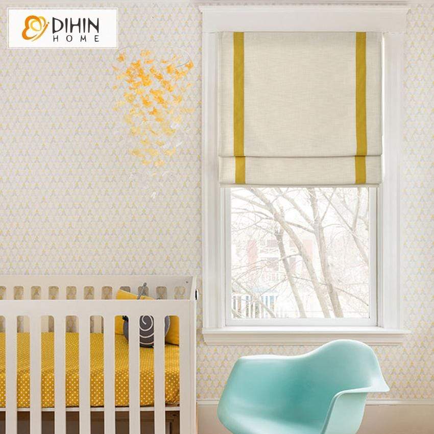 DIHINHOME Home Textile Roman Blind DIHIN HOME Simple Yellow Stripes Edge Printed Roman Shades ,Easy Install Washable Curtains ,Customized Window Curtain Drape, 24"W X 64"