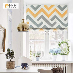 DIHINHOME Home Textile Roman Blind DIHIN HOME Yellow and Grey Lines Printed Roman Shades ,Easy Install Washable Curtains ,Customized Window Curtain Drape, 24"W X 64"H