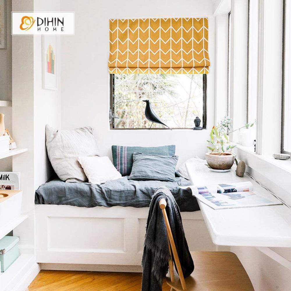 DIHINHOME Home Textile Roman Blind DIHIN HOME Yellow and White Stripes Printed Roman Shades ,Easy Install Washable Curtains ,Customized Window Curtain Drape, 24"W X 64"H