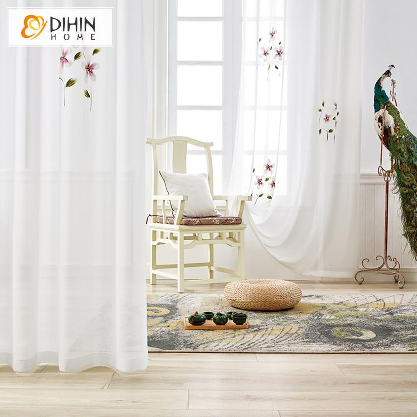DIHIN HOME 3D Luxury White Flowers Printed,Sheer Curtain, Grommet Window Curtain for Living Room ,52x63-inch,1 Panel
