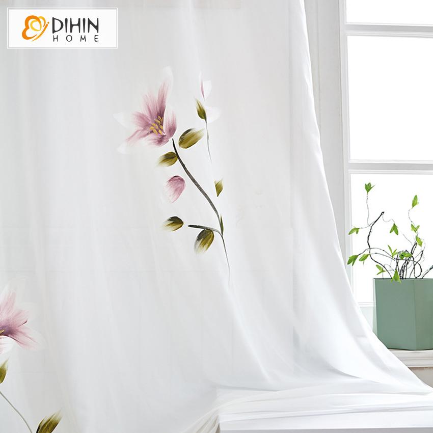 DIHIN HOME 3D Luxury White Flowers Printed,Sheer Curtain, Grommet Window Curtain for Living Room ,52x63-inch,1 Panel