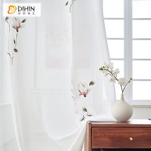 DIHIN HOME 3D Luxury White Flowers Printed,Sheer Curtain, Grommet Window Curtain for Living Room ,52x63-inch,1 Panel