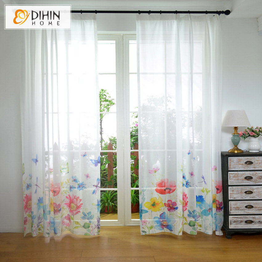 DIHINHOME Home Textile Sheer Curtain DIHIN HOME American Pastoral Flower Printed Sheer Curtain, Grommet Window Curtain for Living Room ,52x63-inch,1 Panelriped