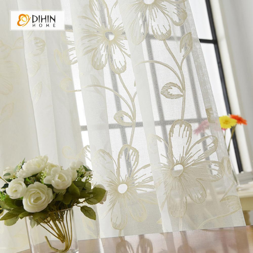 DIHINHOME Home Textile Sheer Curtain DIHIN HOME Big White Flowers Embroidered,Sheer Curtain,Blackout Grommet Window Curtain for Living Room ,52x63-inch,1 Panel