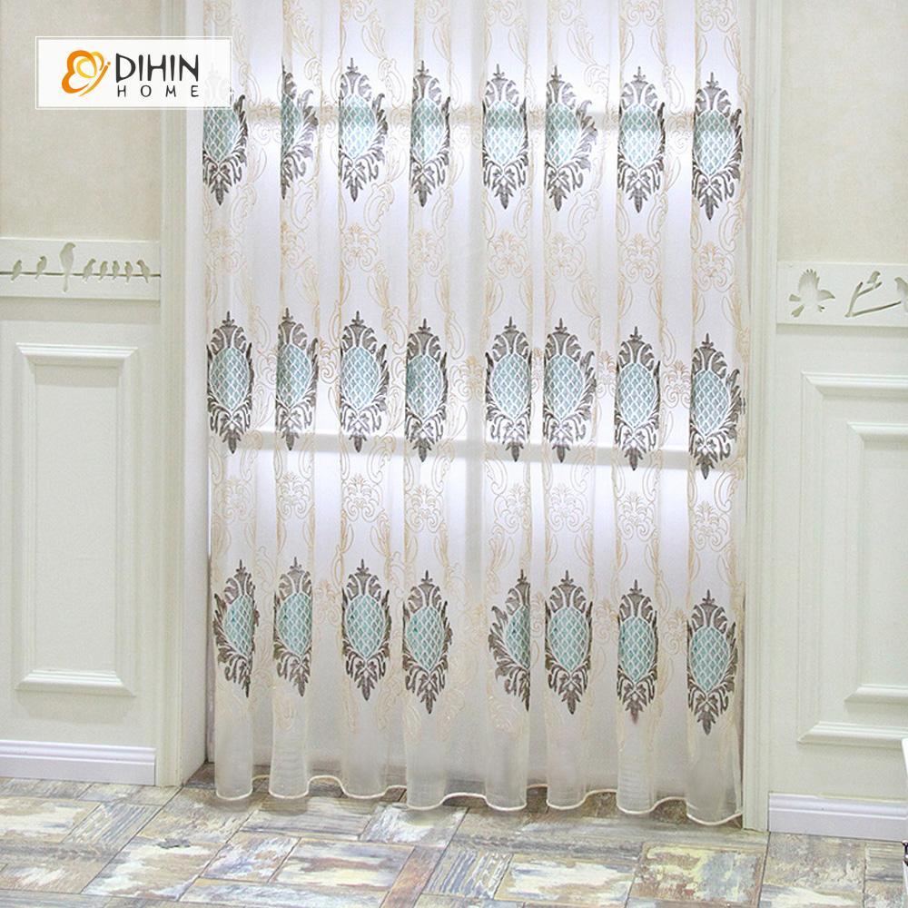 DIHINHOME Home Textile Sheer Curtain DIHIN HOME Blue Pattern Embroidered,Sheer Curtain,Blackout Grommet Window Curtain for Living Room ,52x63-inch,1 Panel
