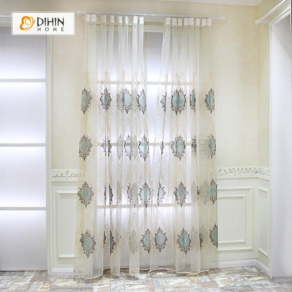 DIHINHOME Home Textile Sheer Curtain DIHIN HOME Blue Pattern Embroidered,Sheer Curtain,Blackout Grommet Window Curtain for Living Room ,52x63-inch,1 Panel