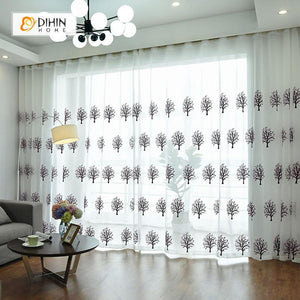 DIHINHOME Home Textile Sheer Curtain DIHIN HOME Brown Tree Embroidered,Sheer Curtain,Blackout Grommet Window Curtain for Living Room ,52x63-inch,1 Panel