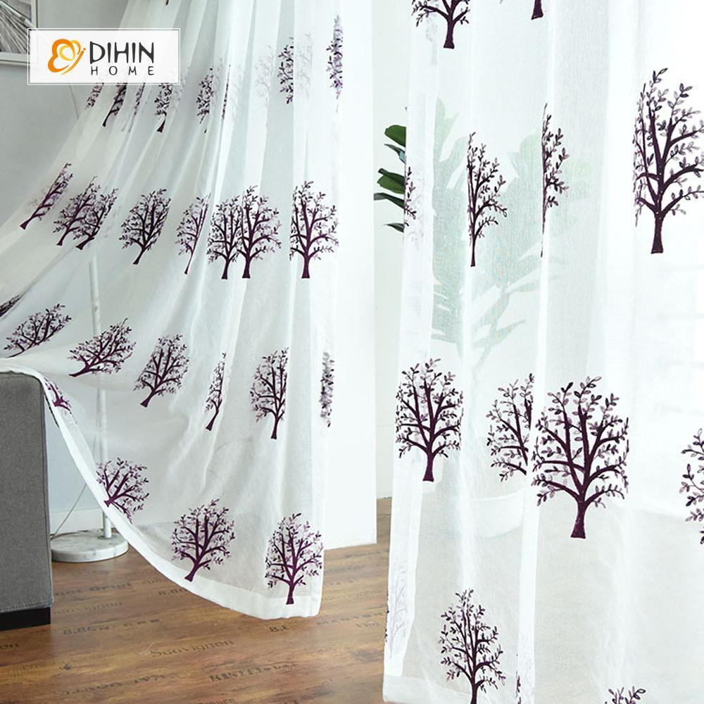 DIHINHOME Home Textile Sheer Curtain DIHIN HOME Brown Tree Embroidered,Sheer Curtain,Blackout Grommet Window Curtain for Living Room ,52x63-inch,1 Panel