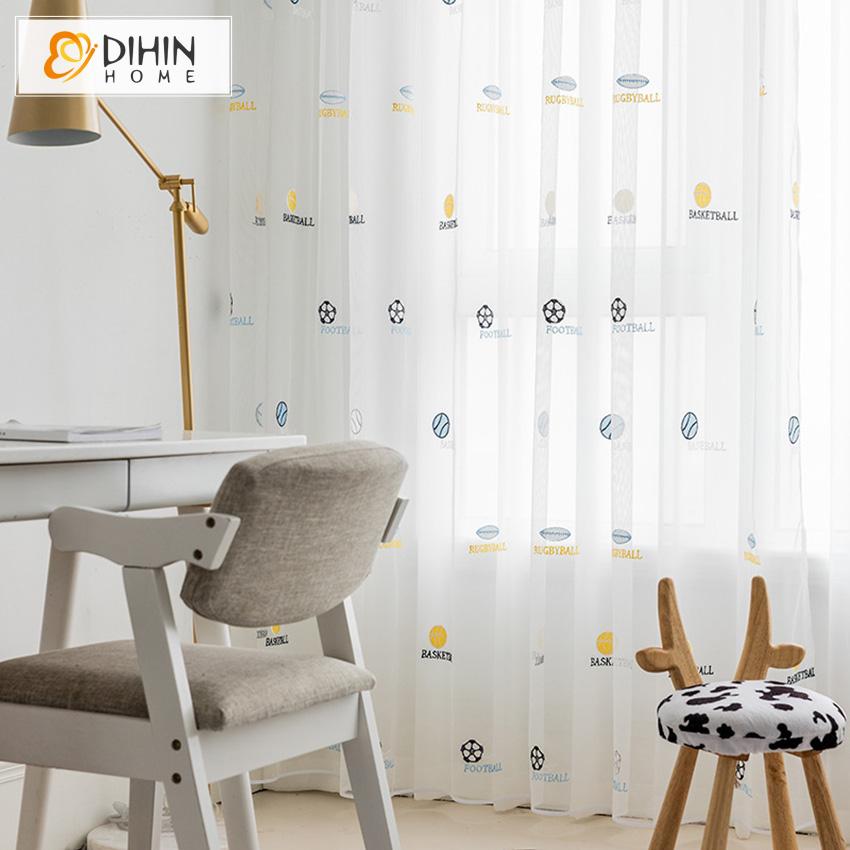 DIHIN HOME Cartoon Ball Sports Style Embroidered,Sheer Curtain, Grommet Window Curtain for Living Room ,52x63-inch,1 Panel