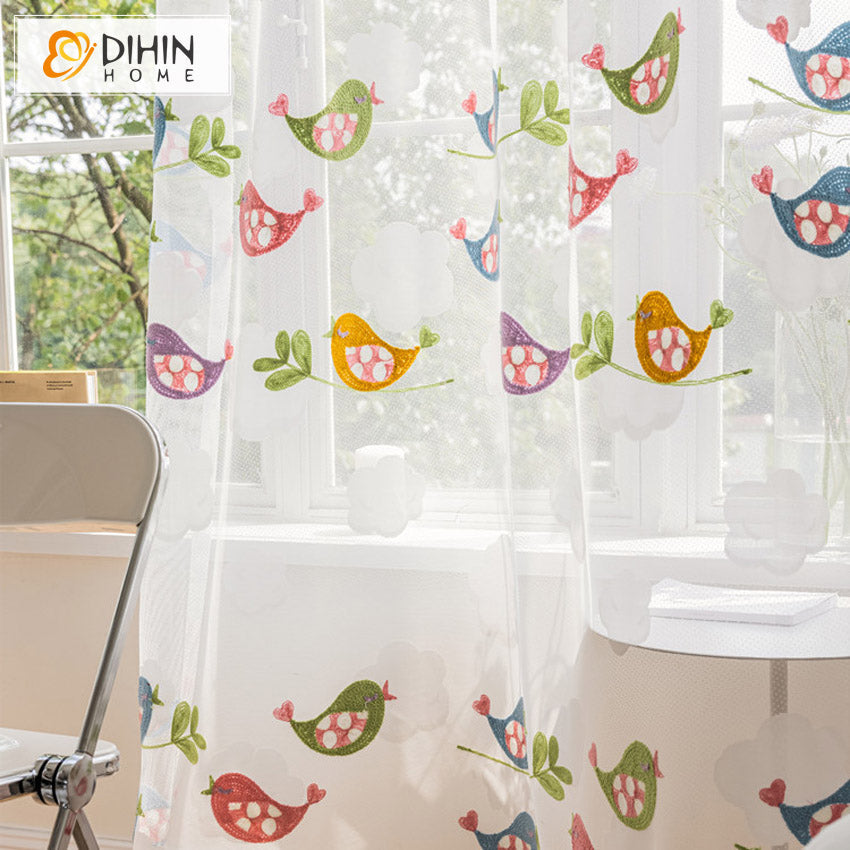 DIHINHOME Home Textile Sheer Curtain DIHIN HOME Cartoon Birds Embroidered Sheer Curtain, Grommet Window Curtain for Living Room ,52x63-inch,1 Panel
