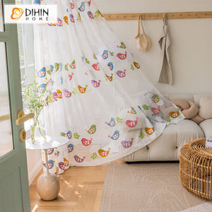 DIHINHOME Home Textile Sheer Curtain DIHIN HOME Cartoon Birds Embroidered Sheer Curtain, Grommet Window Curtain for Living Room ,52x63-inch,1 Panel
