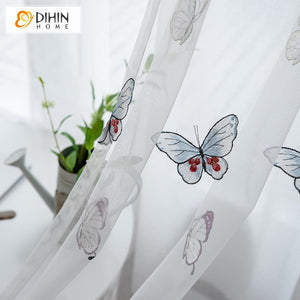 DIHIN HOME Cartoon Butterfly Embroidery Window Screening ,Sheer Curtain, Grommet Window Curtain for Living Room ,52x63-inch,1 Panel