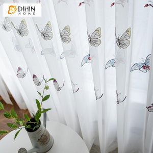 DIHIN HOME Cartoon Butterfly Embroidery Window Screening ,Sheer Curtain, Grommet Window Curtain for Living Room ,52x63-inch,1 Panel