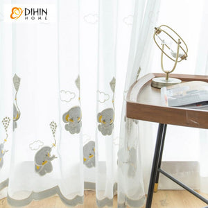 DIHINHOME Home Textile Sheer Curtain DIHIN HOME Cartoon Elephant Embroidered Sheer Curtain, Grommet Window Curtain for Living Room ,52x63-inch,1 Panel