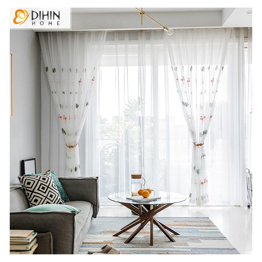 DIHIN HOME Cartoon Embroidered Flamingo Sheer Curtain, Grommet Window Curtain for Living Room ,52x63-inch,1 Panel