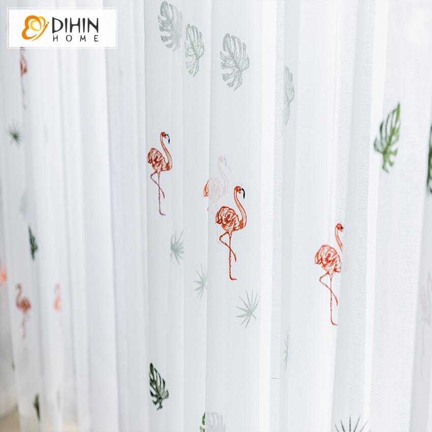 DIHIN HOME Cartoon Embroidered Flamingo Sheer Curtain, Grommet Window Curtain for Living Room ,52x63-inch,1 Panel