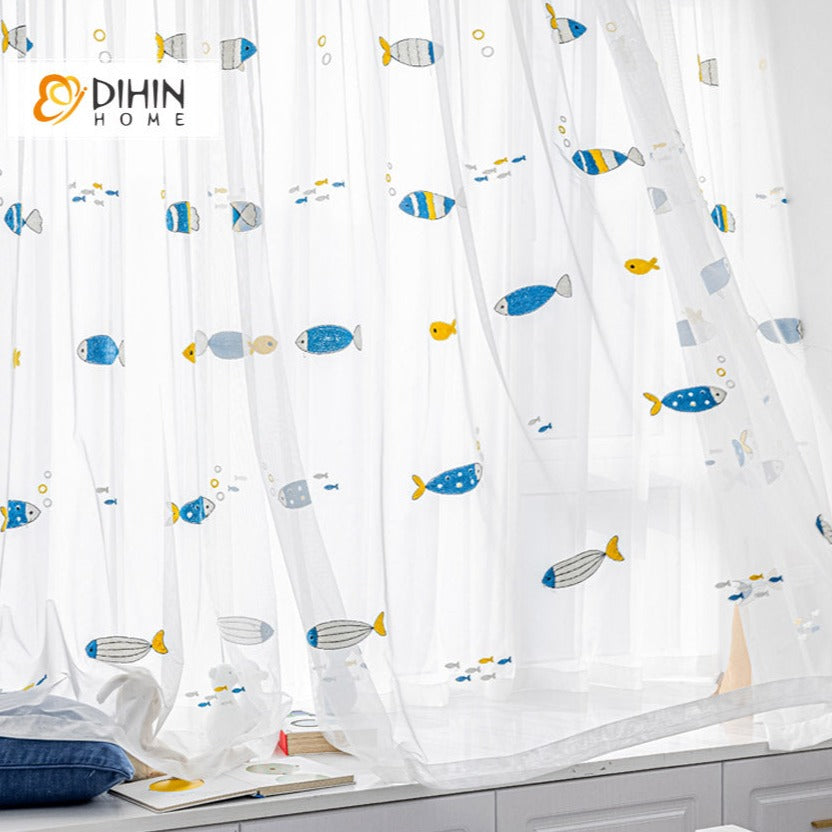 DIHINHOME Home Textile Sheer Curtain DIHIN HOME Cartoon Little Fish Embroidered,Grommet Window Sheer Curtain for Living Room ,52x63-inch,1 Panel