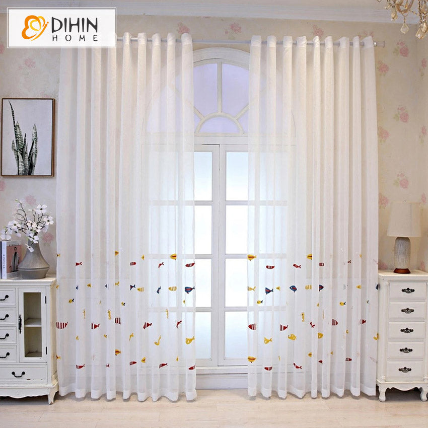 DIHINHOME Home Textile Sheer Curtain DIHIN HOME Cartoon Little Fish Embroidered Sheer Curtain, Grommet Window Curtain for Living Room ,52x63-inch,1 Panel