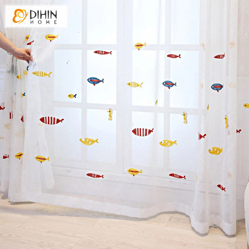 DIHINHOME Home Textile Sheer Curtain DIHIN HOME Cartoon Little Fish Embroidered Sheer Curtain, Grommet Window Curtain for Living Room ,52x63-inch,1 Panel