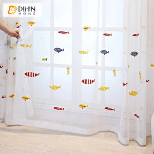 DIHINHOME Home Textile Sheer Curtain DIHIN HOME Cartoon Little Fish Embroidered Sheer Curtain, Grommet Window Curtain for Living Room ,52x63-inch,1 Panel