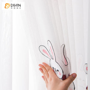 DIHINHOME Home Textile Sheer Curtain DIHIN HOME Cartoon Little Rabbits Embroidered Sheer Curtain, Grommet Window Curtain for Living Room ,52x63-inch,1 Panel