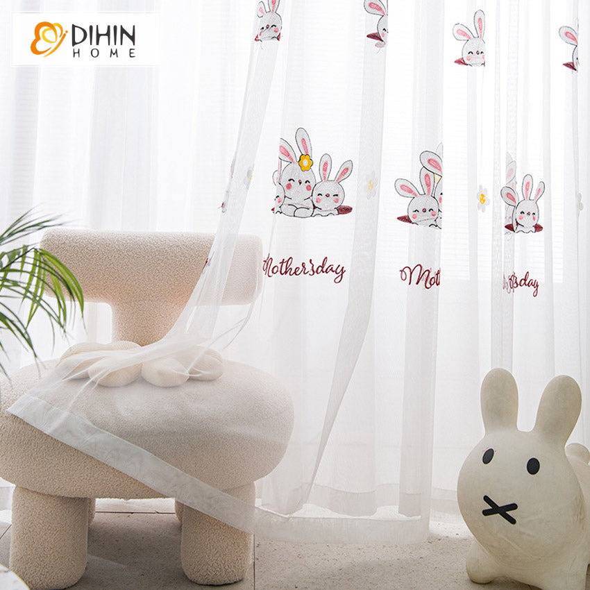 DIHINHOME Home Textile Sheer Curtain DIHIN HOME Cartoon Little Rabbits Embroidered Sheer Curtain, Grommet Window Curtain for Living Room ,52x63-inch,1 Panel