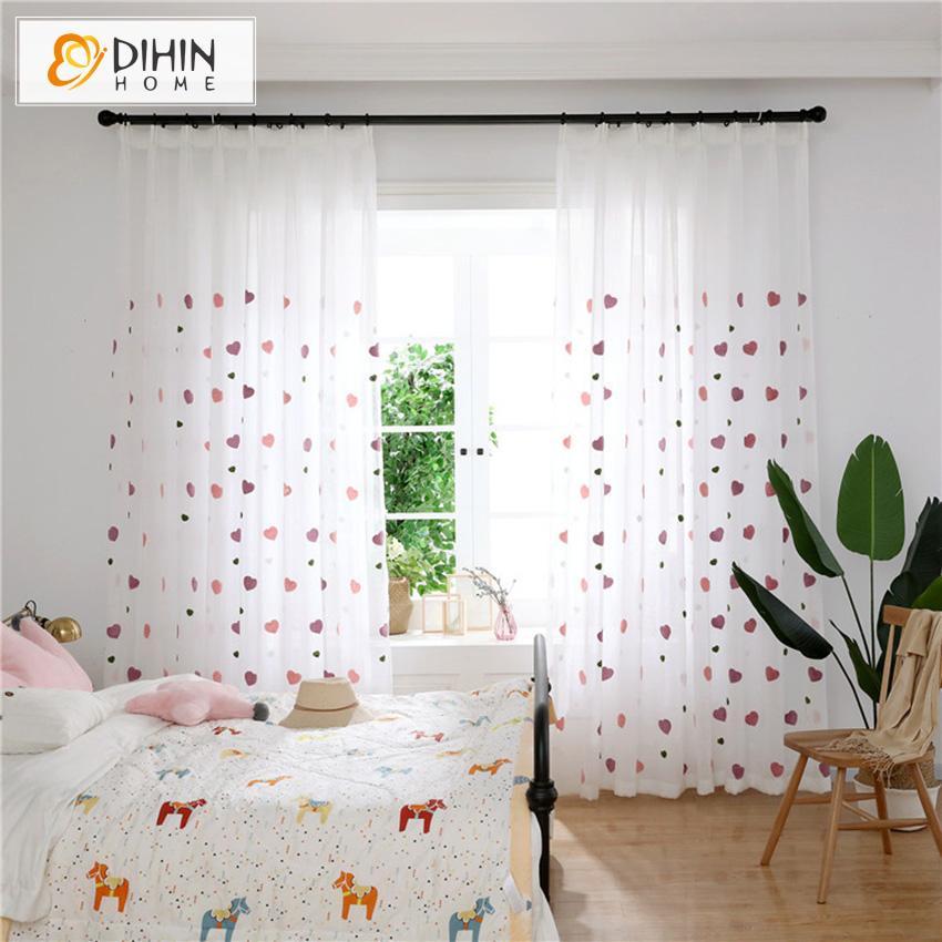 DIHIN HOME Cartoon Lovely Heart Embroidered,Sheer Curtain, Grommet Window Curtain for Living Room ,52x63-inch,1 Panel