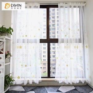 DIHINHOME Home Textile Sheer Curtain DIHIN HOME Cartoon Lucky Stars Embroidered,Grommet Window Sheer Curtain for Living Room ,52x63-inch,1 Panel