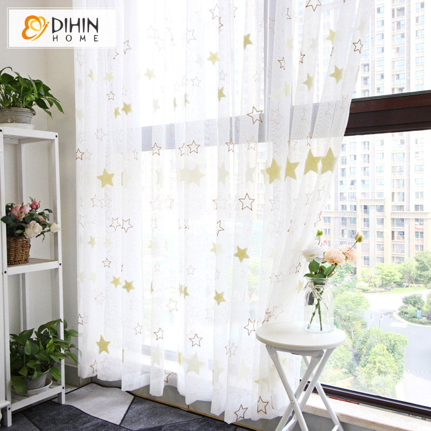 DIHINHOME Home Textile Sheer Curtain DIHIN HOME Cartoon Lucky Stars Embroidered,Grommet Window Sheer Curtain for Living Room ,52x63-inch,1 Panel