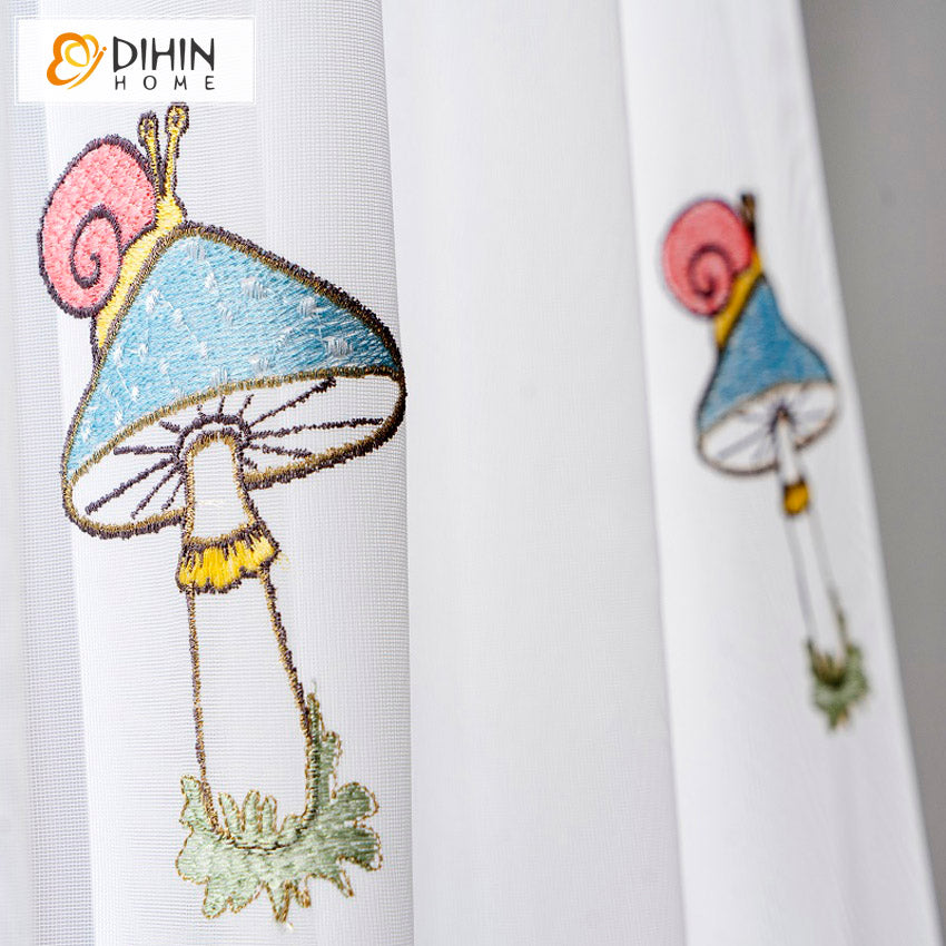 DIHINHOME Home Textile Sheer Curtain DIHIN HOME Cartoon Mushroom Embroidered Sheer Curtain, Grommet Window Curtain for Living Room ,52x63-inch,1 Panel