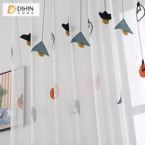 DIHINHOME Home Textile Sheer Curtain DIHIN HOME Cartoon Pendent Lamp Embroidered,Sheer Curtain,Grommet Window Curtain for Living Room ,52x63-inch,1 Panel