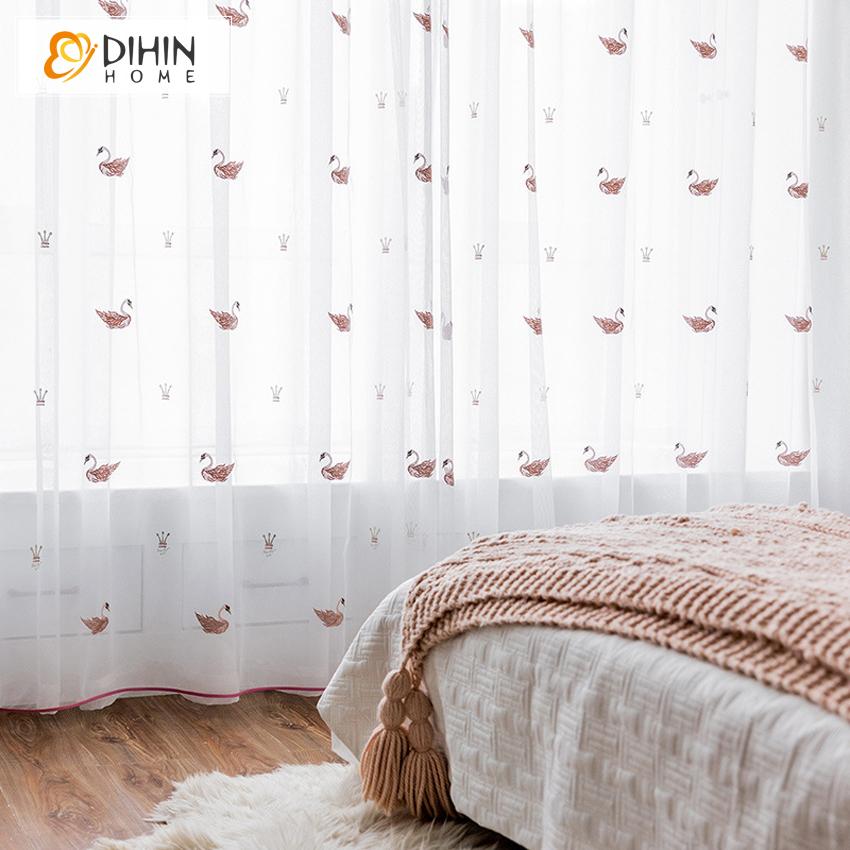 DIHINHOME Home Textile Sheer Curtain DIHIN HOME Cartoon Pink Swan Embroidered,Sheer Curtain,Grommet Window Curtain for Living Room ,52x63-inch,1 Panel