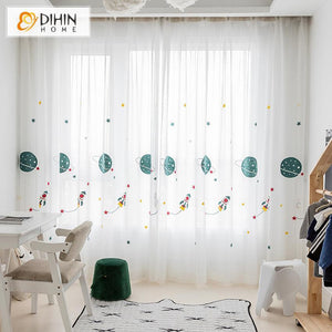 DIHINHOME Home Textile Sheer Curtain DIHIN HOME Cartoon Space and Rocket Embroidered Day Curtain ,Sheer Curtain, Grommet Window Curtain for Living Room ,52x63-inch,1 Panel