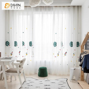 DIHINHOME Home Textile Sheer Curtain DIHIN HOME Cartoon Space and Rocket Embroidered Day Curtain ,Sheer Curtain, Grommet Window Curtain for Living Room ,52x63-inch,1 Panel